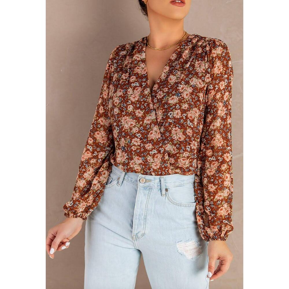 Sage the Label Brown Floral Balloon Sleeve Surplice Bodysuit Size Small